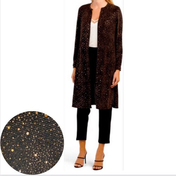 Ann Klein Black Sequin Formal Evening Jacket Cardigan Women Large Oversized Long - Picture 1 of 11